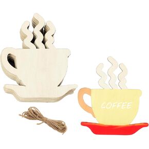 15 Pack 6 Inch Wood Coffee Cup Cutouts Unfinished Wood Coffee Cup Crafts Wooden Coffee Cup Hanging Ornaments DIY Coffee Cup Craft Gift Tags for Home Party Decoration