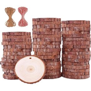 Wood Slices 50 Pcs 2.8-3.1 Inches Craft Wood Kit Unfinished Predrilled with Hole Wooden Circles Tree Slices for Arts and Crafts Christmas Ornaments DIY Crafts
