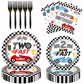 XXDecor 80 Pcs Race Car 2nd Birthday Party Plates, Two Fast Black and White Checkered Flag Plates Napkins Forks Tableware Kit for Baby Boys Racing Car Theme 2nd Birthday Party Supplies Decorations