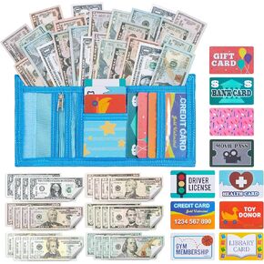 JOYIN 35PCS Kids Replica Money, Credit Cards Set, Toddler Wallet, Single-Sided Printed Currency (Copy) for Math Learning, Cash Register Play, Dress Up Party Favors, Birthday Gift