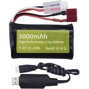 7.4V 3000mAh 15C 2S T-Type Plug Li ion Battery and USB Charging Cable Suitable for WLtoys 12423 MJX 14301 14302 14303 H16PL High-Speed RC Car 1/10, 1/12, 1/16 Ratio RC Truck RC Ship