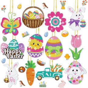 Ferraycle 12 Piece Easter Diamond Painting Kit 5d DIY Diamond Art Kits with Easter Egg Bunny Carrot Hanging Ornaments for Spring Crafts Family Decor