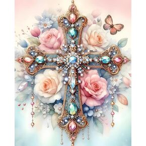 MBNTJHT DIY Cross Paint by Numbers Kit on Canvas for Adults,Easy Flowers Cross Paint by Number Kits for Beginners,Digital Oil Painting Kits for Home Wall Decor 16X20 Inch.