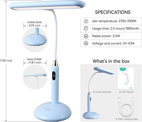 VAVOFO LED Desk Lamp 6778B - Touch Control, Adjustable 2700-7000K Color Temperature, 700 Lumens, 360° Flexible Gooseneck, USB-C Charging, 2.5hrs Cordless, Eye-Caring Light (White) in Kuwait