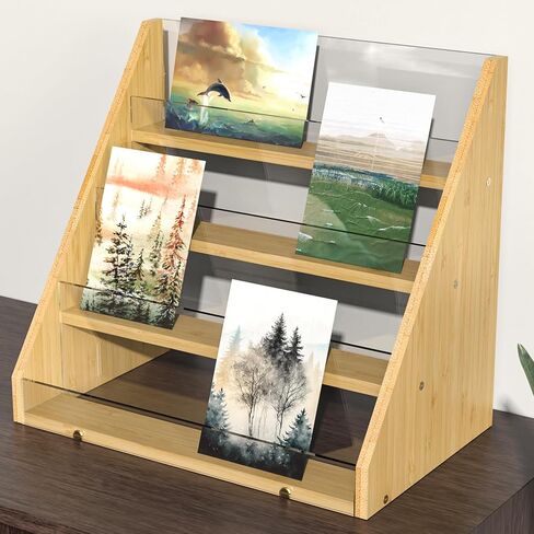 NiHome 4-Tier Bamboo & Acrylic Greeting Card Display Stand for Cards, Photos, Postcards - Durable Stylish Showcase Organizer with High-Transparency Panels for Home, Wedding & Keepsakes in Saudi Arabia