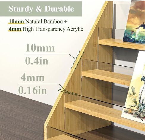 NiHome 4-Tier Bamboo & Acrylic Greeting Card Display Stand for Cards, Photos, Postcards - Durable Stylish Showcase Organizer with High-Transparency Panels for Home, Wedding & Keepsakes in Saudi Arabia