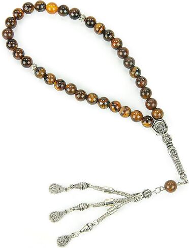 Ihvan Online ، حبات الصلاة الإسلامية (8 ملم - 33 حبات) ، حبة حجرية مسلمة حبة ، Daily Dhikr Tasbeeh ، Subha Tasbih Gift for Ramadan Haj Amrah ، Tiger Eye Stone Muslim Roslim ، Brown in Kuwait