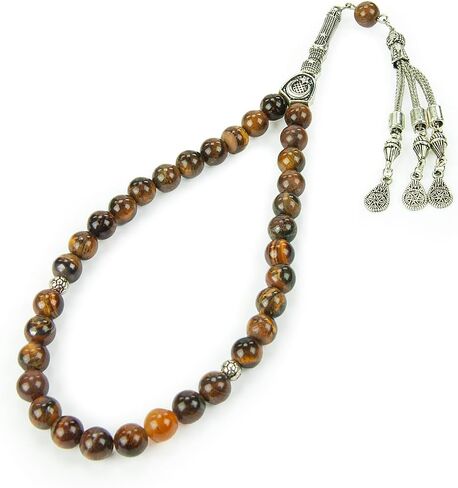 Ihvan Online ، حبات الصلاة الإسلامية (8 ملم - 33 حبات) ، حبة حجرية مسلمة حبة ، Daily Dhikr Tasbeeh ، Subha Tasbih Gift for Ramadan Haj Amrah ، Tiger Eye Stone Muslim Roslim ، Brown in Kuwait
