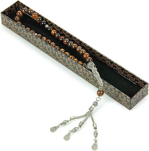 Ihvan Online ، حبات الصلاة الإسلامية (8 ملم - 33 حبات) ، حبة حجرية مسلمة حبة ، Daily Dhikr Tasbeeh ، Subha Tasbih Gift for Ramadan Haj Amrah ، Tiger Eye Stone Muslim Roslim ، Brown in Kuwait