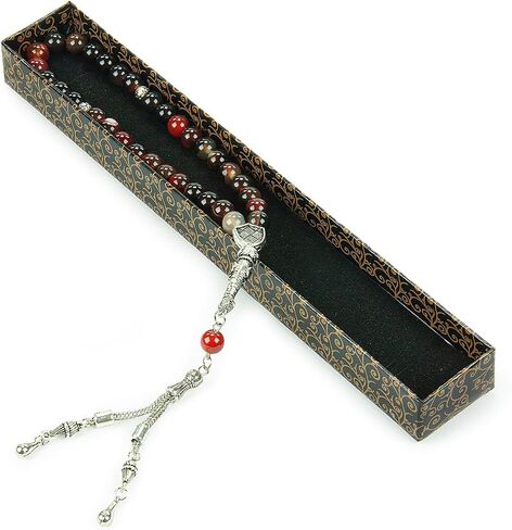 Ihvan Online ، حبات الصلاة الإسلامية (8 ملم - 33 حبات) ، حبة حجرية مسلمة حبة ، Daily Dhikr Tasbeeh ، Subha Tasbih Gift for Ramadan Haj Amrah ، Tiger Eye Stone Muslim Roslim ، Brown in Kuwait