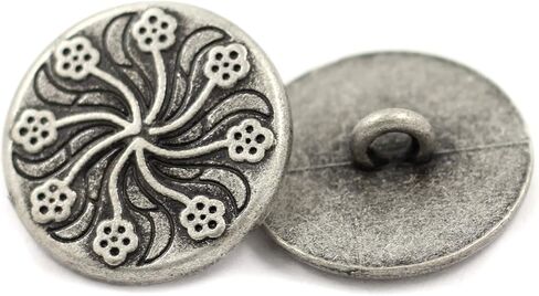 Bezelry 12 Pieces Flower Flourish Antique Silver Color Metal Shank Buttons. 20mm (3/4 inch) (Antique Silver) in Kuwait