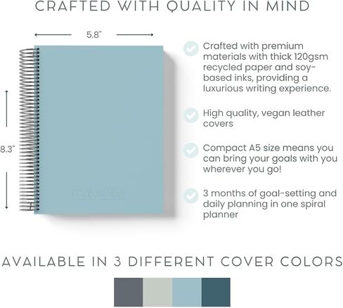A5 Quarterly Undated Goal-Setting + Daily Planner - 120 GSM Recycled Paper, Luxe Vegan Leatherette Cover, MäksēLife Goal-Setting System, Full Daily Planning Pages (Sky Blue) in Saudi Arabia
