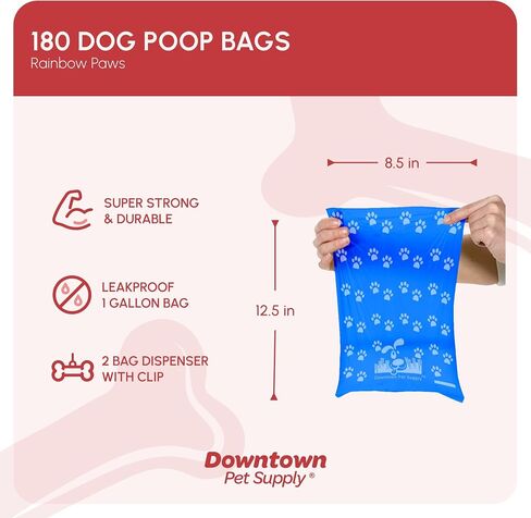 Downtown Pet Supply Poop Bags for Dogs with Dispenser, 1000 Count - Leak-Proof Dog Waste Bags and Bone-Shaped Dog Poop Bags Holder for Leash - Rainbow with Paw Prints, 12.5" x 8.5" in Saudi Arabia