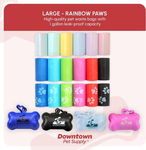 Downtown Pet Supply Poop Bags for Dogs with Dispenser, 1000 Count - Leak-Proof Dog Waste Bags and Bone-Shaped Dog Poop Bags Holder for Leash - Rainbow with Paw Prints, 12.5" x 8.5" in Saudi Arabia