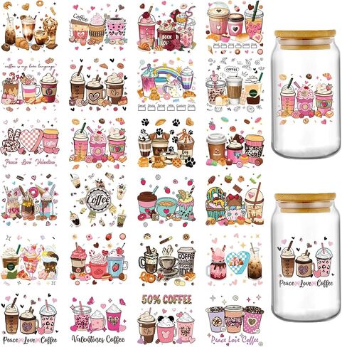 AFRITEE UV DTF Cup Wraps - 24 Sheets Coffee Drinks Uvdtf Cup Wrap for 16 oz Glass Water Bottle, Strawberry Milk Tea Ice Cream Waterproof Transfer Sticker DIY Mug Tumbler Craft Creative Gifts for Women in Saudi Arabia