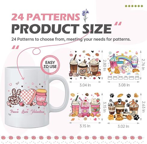 AFRITEE UV DTF Cup Wraps - 24 Sheets Coffee Drinks Uvdtf Cup Wrap for 16 oz Glass Water Bottle, Strawberry Milk Tea Ice Cream Waterproof Transfer Sticker DIY Mug Tumbler Craft Creative Gifts for Women in Saudi Arabia