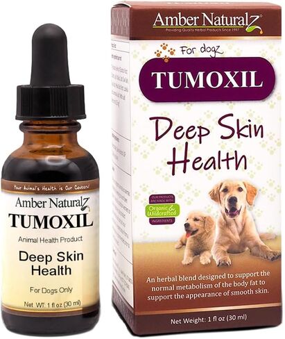 Amber NaturalZ Tumoxil Deep Skin Health Herbal Supplement for Dogs and Puppies | Canine Herbal Supplement for Skin and Metabolism Support | 1 Fluid Ounce Glass Bottle | Manufactured in The USA in Kuwait