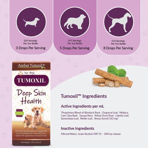 Amber NaturalZ Tumoxil Deep Skin Health Herbal Supplement for Dogs and Puppies | Canine Herbal Supplement for Skin and Metabolism Support | 1 Fluid Ounce Glass Bottle | Manufactured in The USA in Kuwait