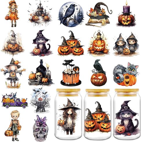 AFRITEE Transfer Cup Wraps Stickers - 20 Sheets Halloween Uvdtf Cup Wraps for 16 Glass Coffee Cups, Crow Scarecrow Pumpkin Skull Rub on Transfer Stickers Decal for Furniture Halloween Decoration in Kuwait