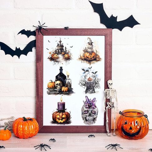 AFRITEE Transfer Cup Wraps Stickers - 20 Sheets Halloween Uvdtf Cup Wraps for 16 Glass Coffee Cups, Crow Scarecrow Pumpkin Skull Rub on Transfer Stickers Decal for Furniture Halloween Decoration in Kuwait