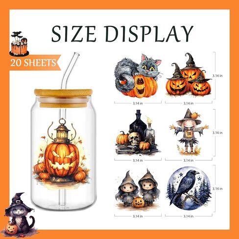 AFRITEE Transfer Cup Wraps Stickers - 20 Sheets Halloween Uvdtf Cup Wraps for 16 Glass Coffee Cups, Crow Scarecrow Pumpkin Skull Rub on Transfer Stickers Decal for Furniture Halloween Decoration in Kuwait