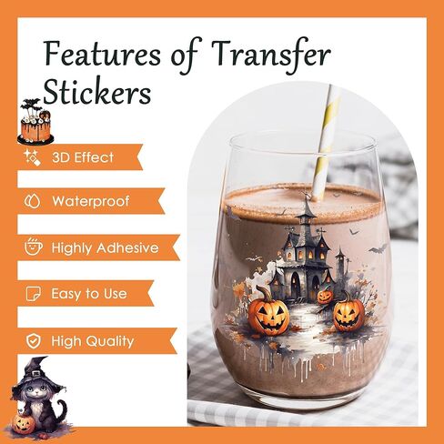 AFRITEE Transfer Cup Wraps Stickers - 20 Sheets Halloween Uvdtf Cup Wraps for 16 Glass Coffee Cups, Crow Scarecrow Pumpkin Skull Rub on Transfer Stickers Decal for Furniture Halloween Decoration in Kuwait