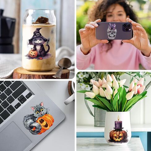 AFRITEE Transfer Cup Wraps Stickers - 20 Sheets Halloween Uvdtf Cup Wraps for 16 Glass Coffee Cups, Crow Scarecrow Pumpkin Skull Rub on Transfer Stickers Decal for Furniture Halloween Decoration in Kuwait