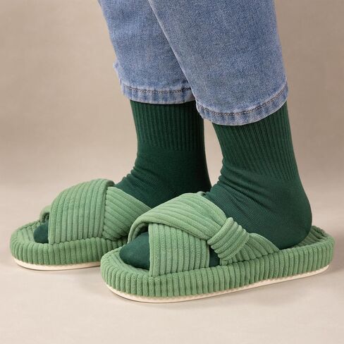Women's House Slippers Corduroy Indoor Slippers Memory Foam Bedroom Open Toe Slippers Cross Band House Shoes in Saudi Arabia