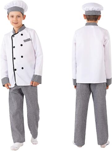 Cafele Chef Costume for Kids Chef Coat Outfit Hats Tops Pants Halloween Party Masquerade Cook Cosplay for Boys Girls in Kuwait