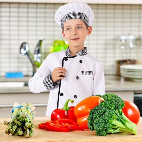 Cafele Chef Costume for Kids Chef Coat Outfit Hats Tops Pants Halloween Party Masquerade Cook Cosplay for Boys Girls in Kuwait