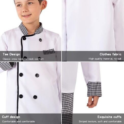 Cafele Chef Costume for Kids Chef Coat Outfit Hats Tops Pants Halloween Party Masquerade Cook Cosplay for Boys Girls in Kuwait