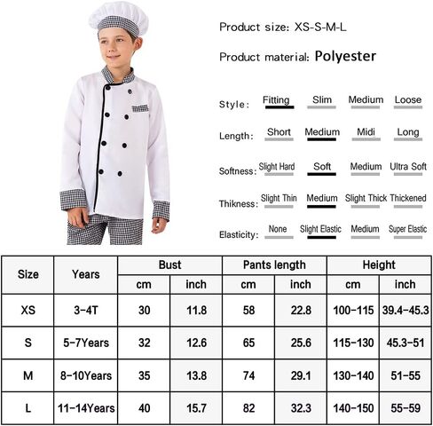 Cafele Chef Costume for Kids Chef Coat Outfit Hats Tops Pants Halloween Party Masquerade Cook Cosplay for Boys Girls in Kuwait