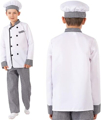 Cafele Chef Costume for Kids Chef Coat Outfit Hats Tops Pants Halloween Party Masquerade Cook Cosplay for Boys Girls in Kuwait