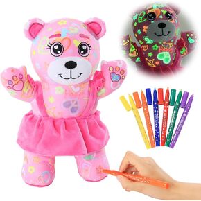 BALAPET Glow in The Dark Coloring Plush Toy with 6 Glow Markers for Girls, Arts and Crafts Doodle Dolls, DIY Soft Stuffed Pink Bear for Kids Ages 4-6 Birthday Gift