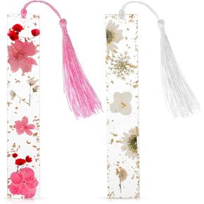 2 Pcs Resin Dried Flower Bookmarks for Women Reading, Dried Flower Bookmarks with Tassels, Book Accessories for Reading Lovers, Gift for Bookworm, Readers, Literary, Students, Teachers