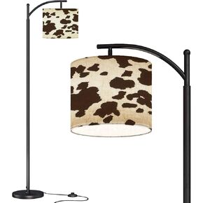 Modern Arc Floor Lamp with Dimmer Mid Century Cow Print Metal Standing Lamp with Linen Shade Footswitch for Living Room Bedroom Office