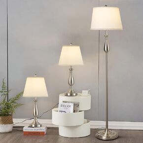 Depuley Table and Floor Lamp Set of 3, 3 Pack Lamp Set with White Linen Lampshade, Farmhouse Light Sets, Modern Table Lamps and Floor Lamp for Living Room, Bedroom, Nightstands, Black Finish