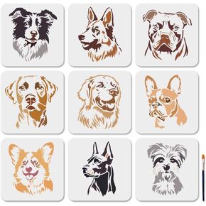 MAYJOYDIY 9Pcs Dog Animal Painting Stencils Popular Dog Cute Dog Stencils 7.8×7.8inch Reusable Dog Head Animal Templates with Paint Brush for Wood Wall Window DIY Craft Home Decor