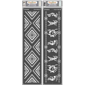 CrafTreat Reusable Border Stencils for Painting on Wood - Aztec Border II and Kokopelli Border - 3X12 Inches - 2 Pcs - Aztec Stencils for Painting on Canvas - Kokopelli Stencils for Borders