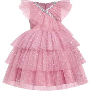 IBTOM CASTLE Baby Girl Sequins Birthday Dress Flutter Sleeve Tiered Tulle Dress Flower Girl Dress Pageant