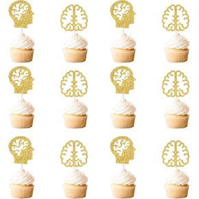 24pcs Gold Glitter Blitter Cupcake Toppers ، وعلم الأعصاب تحت عنوان Cake Cake Decorities رائعة لحزب التخرج من أخصائي الأعصاب ، وحزب تقاعد طبيب الأعصاب ، وحزب الدراسات العليا ، يوم تقدير الطبيب