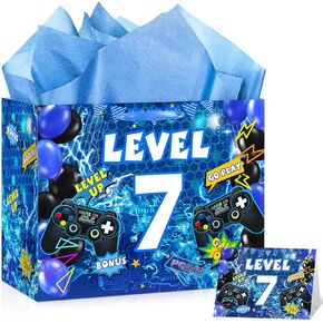 10th Birthday Gift Bags Video Game 10th Birthday Gift Wrapping Bags Blue Gamer Level Up 10 Goody Bag with Gaming 10th Birthday Tissue Paper and Greeting Card Fortnite 10th Birthday Favor Bags with Handle for Boys Girls 10th Birthday Party Decor ﻿