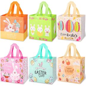 Easter Bags with Handles, Reusable Easter Gift Bags, Bunny Easter Egg Hunt Party Treat Bag for kids,Waterproof Goodie Tote Bags for Holiday Favors (6 Pack)
