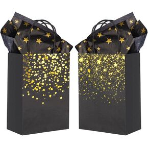 أكياس هدايا شارليتي الصغيرة السوداء الذهب 24pcs حقائب ورق الحفلات مع ورقة أنسجة النجوم للهالوين £ ¬new سنة ، عيد ميلاد ، زفاف ، زفاف ، دش الطفل ، لوازم الحفلات السوداء والذهبية (8.3 × 5.9 × 3.1 بوصة)
