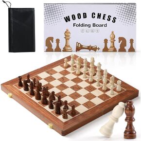 Magnetic Wooden Chess Set, 15 Inch Folding Portable Chess Set with Handmade Chess Pieces, Storage Slots, an Extra Queen,Chess Game for Kids Adults Family