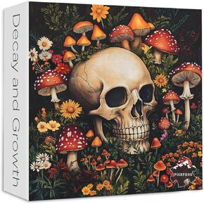 Vintage Mushroom 1000 Piece Puzzle for Adults, PICKFORU Horror Jigsaw Puzzles Skeleton Skull, Colorful Wildflower Puzzles for Adults, Terror Skull Puzzle as Mushroom Art