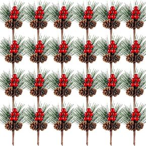WILLBOND 24 Pieces Artificial Pine Picks Christmas Pine Needles Branches with Berry Pinecones Berry Branches Fake Berries for Flower Arrangements Wreaths Holiday Xmas Tree Decoration (Red)