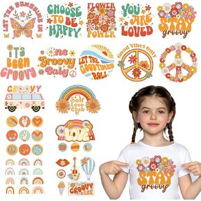 Whaline 16Pcs Groovy Boho Heat Transfer Vinyl Stickers Retro Hippie Iron on Vinyl HTV Patches Colorful Boho Rainbow Daisy Pattern Iron on Transfers Stickers for Fabric T-Shirts Hat Bag DIY Crafts
