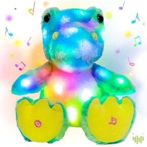 Hopearl LED Musical T-Rex Colorful Stuffed Dinosaur Lighting Up Singing Plush Toy Adjustable Volume Lullaby Animated Soothe Birthday Gifts for Kids Toddler Girls, Magical Green and Blue, 10''