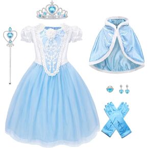 Elsa Princess Dress Costume for Girls Halloween Cosplay Cinderella Princess Dress Up Birthday Outfit with Hodded Cape